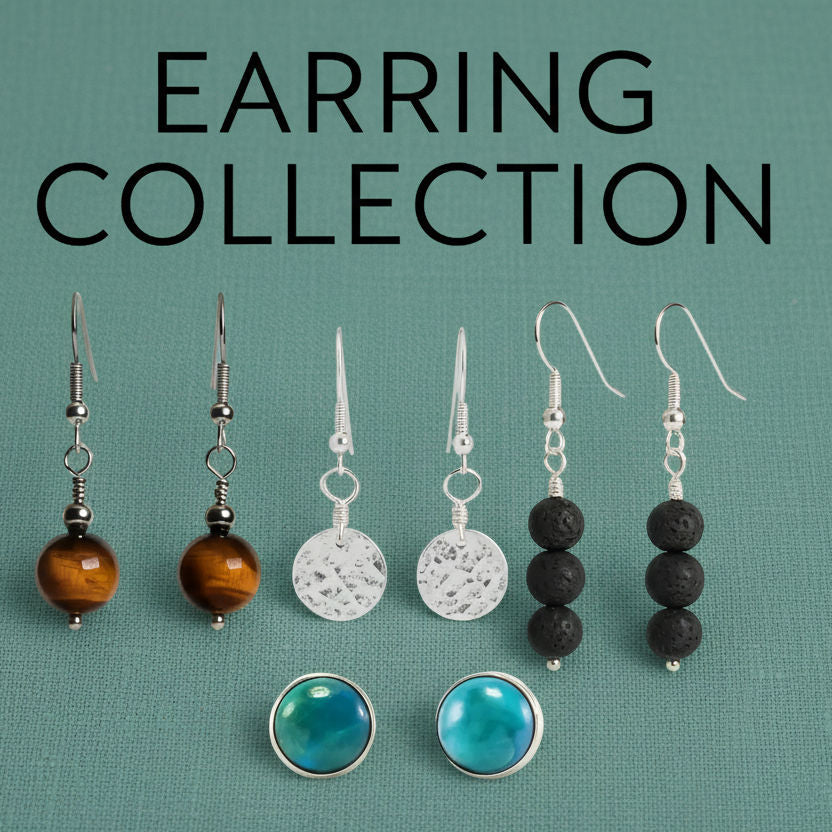 Earring Collection showing Tiger Eye, Sterling Silver, Lava Rock, and Gems