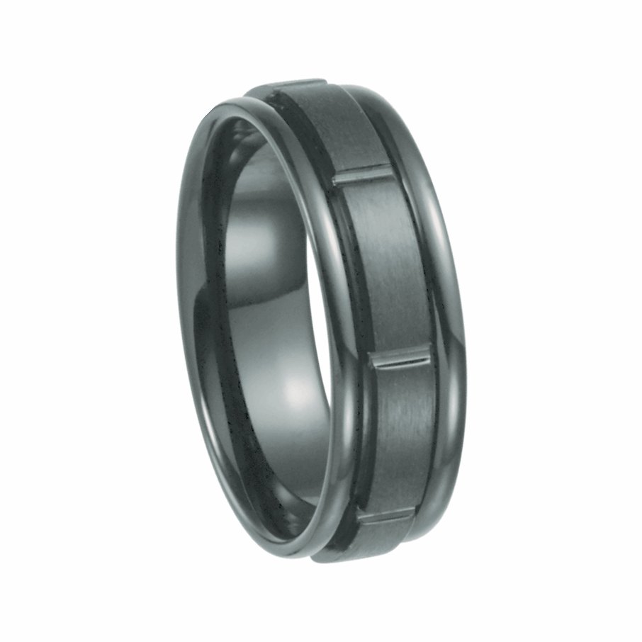 Black Titanium Satin and Polished  Grooved Band, 7mm Width