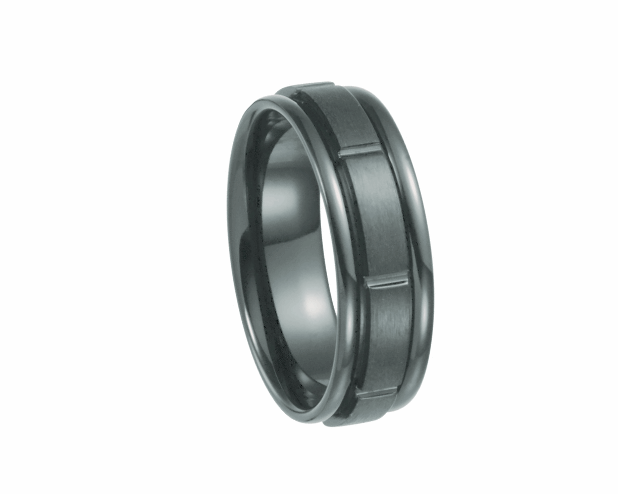 Black Titanium Satin and Polished  Grooved Band, 7mm Width