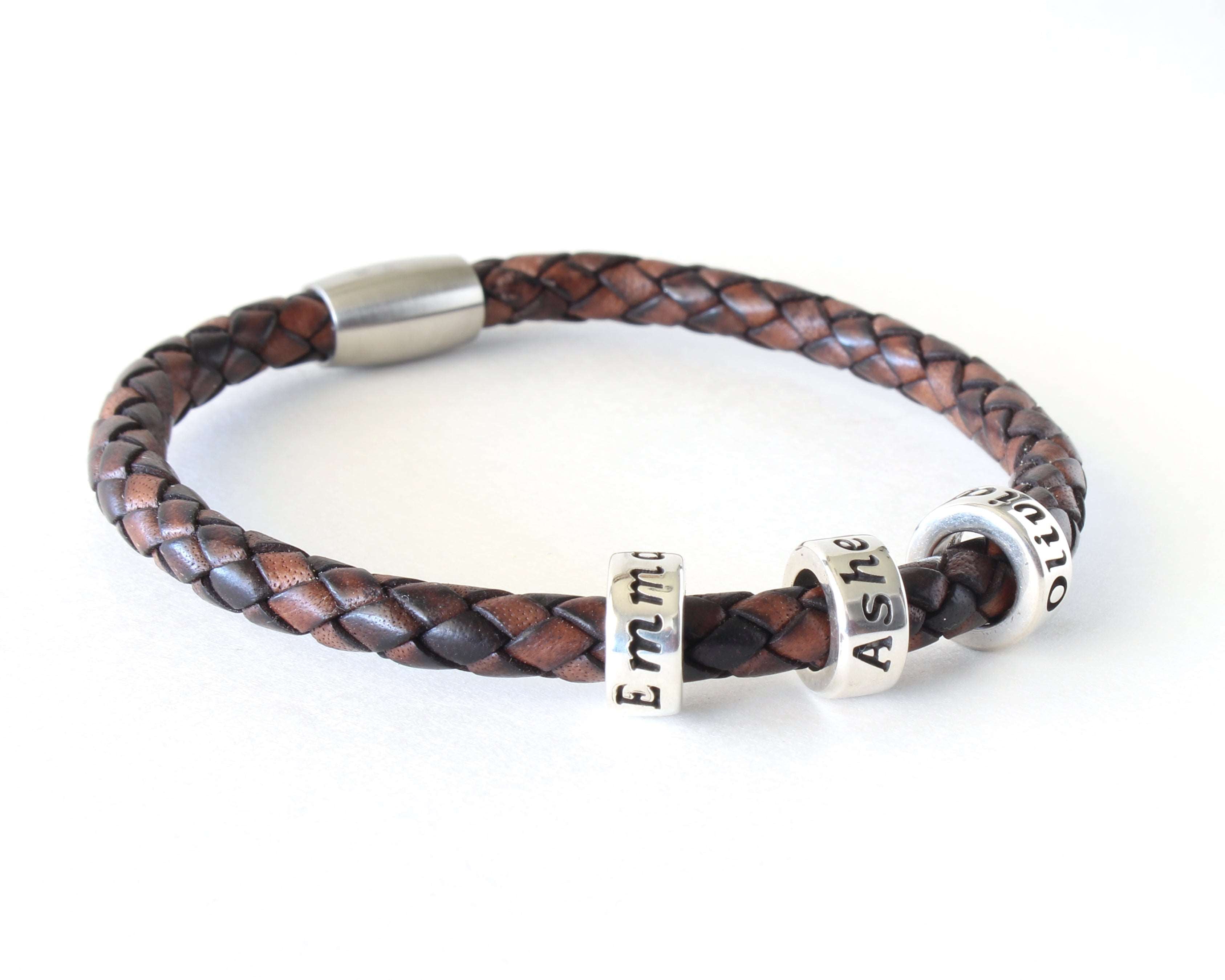 Antique Brown Braided Leather Bracelet with Personalized Sterling