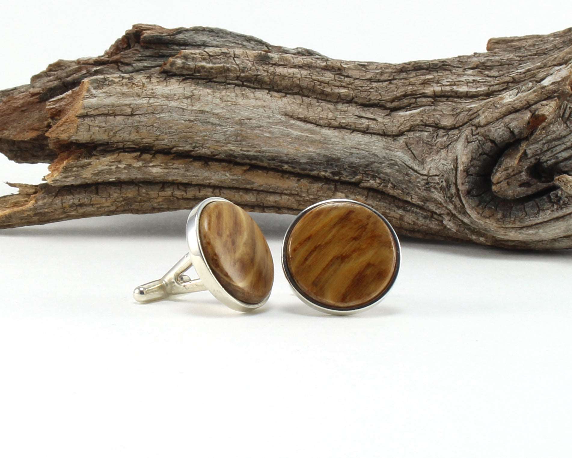 925 Sterling Silver Cuff Links with Bourbon Whiskey Barrel Wood