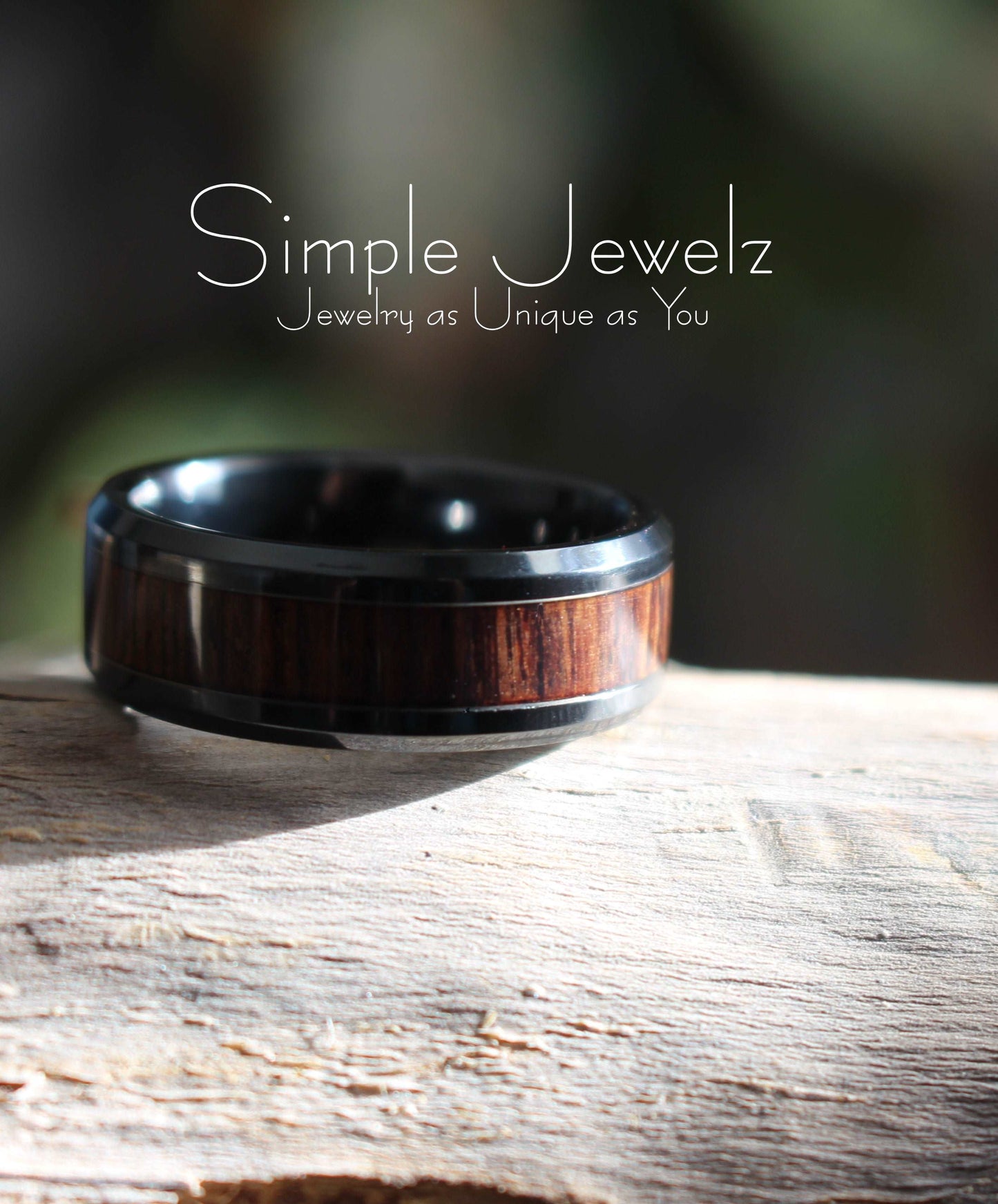 Black Ceramic Ring with Rosewood Inlay