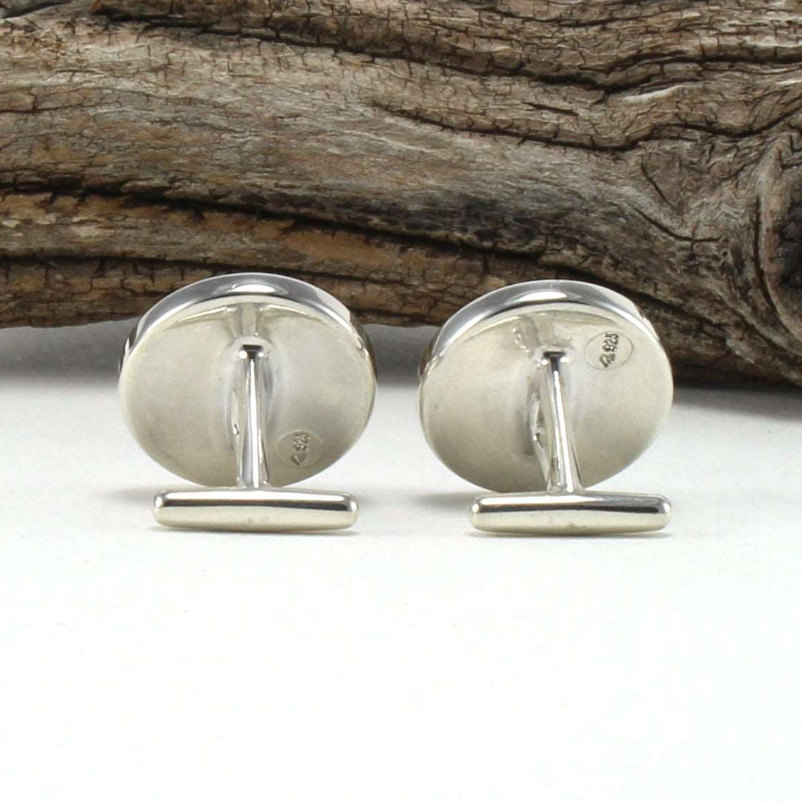 925 Sterling Silver Cuff Links with Bethlehem Olive Wood Inlay Back View