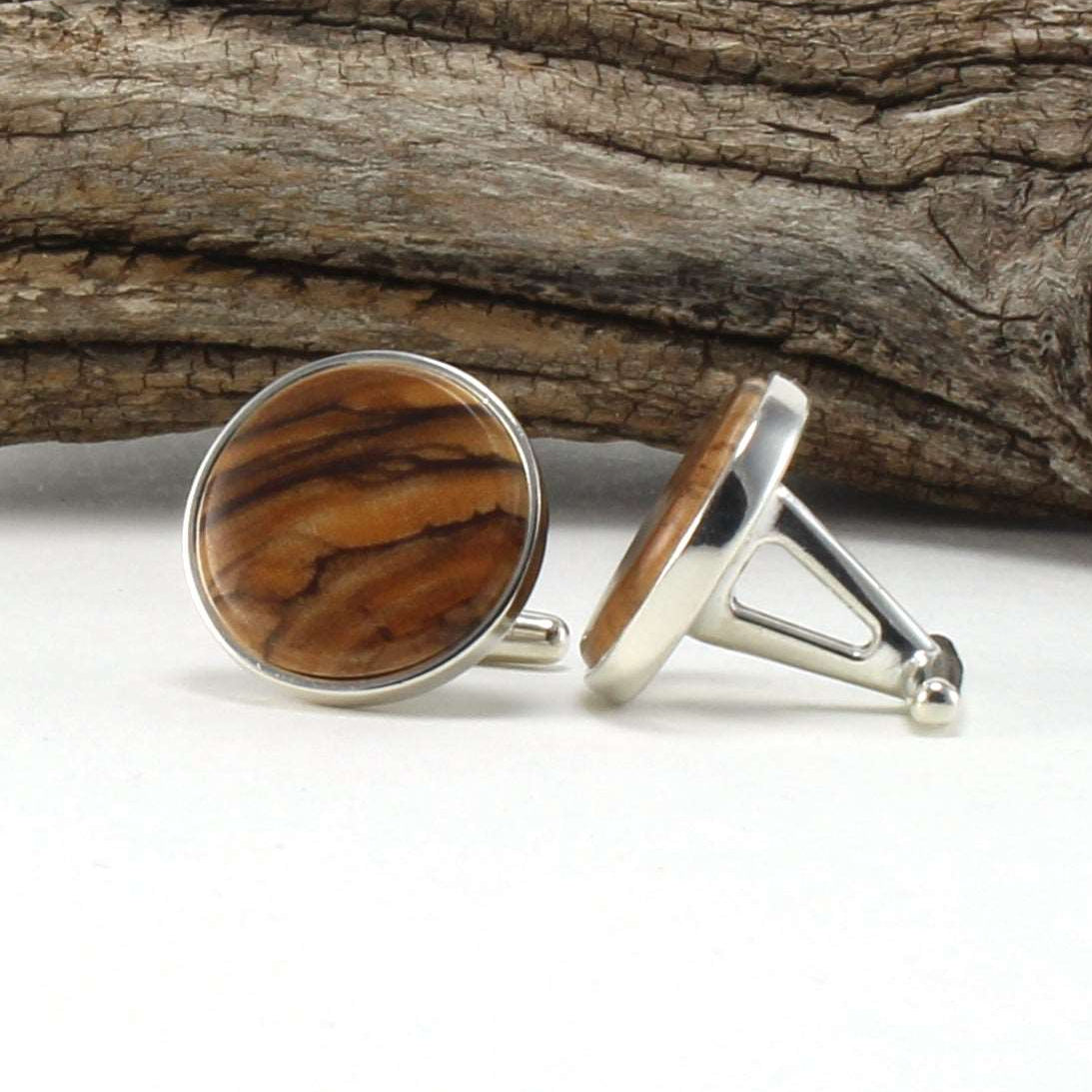 925 Sterling Silver Cuff Links with Bethlehem Olive Wood Inlay Side View
