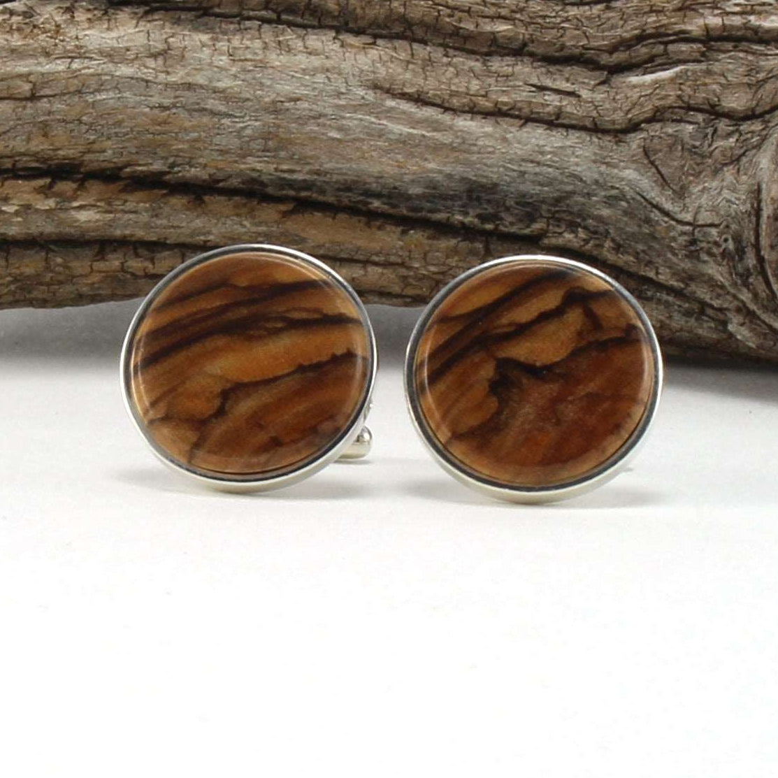 925 Sterling Silver Cuff Links with Bethlehem Olive Wood Inlay
