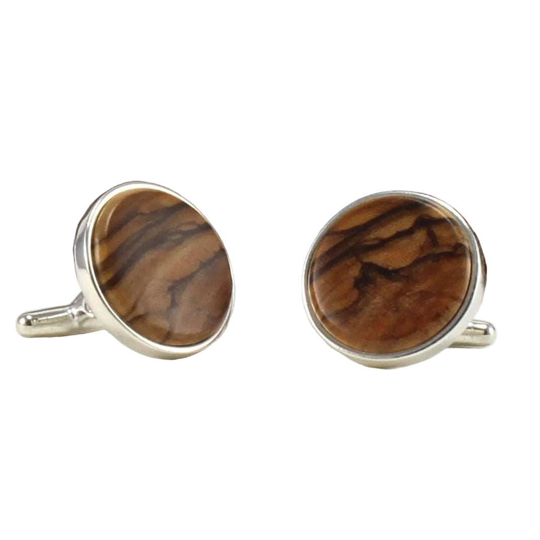 925 Sterling Silver Cuff Links with Bethlehem Olive Wood Inlay with White Background