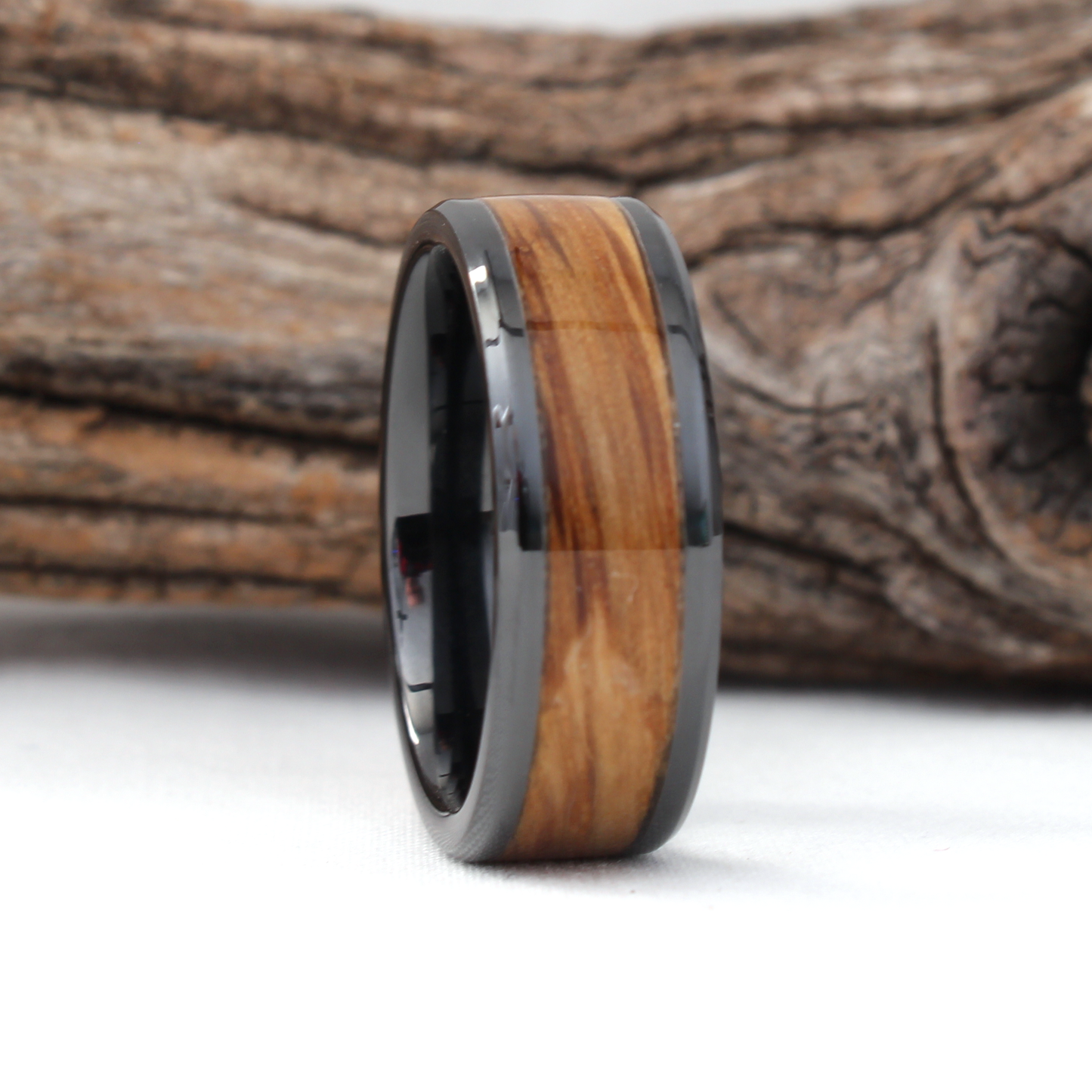 Black Ceramic Ring with Whiskey Barrel Wood Inlay Face Grain