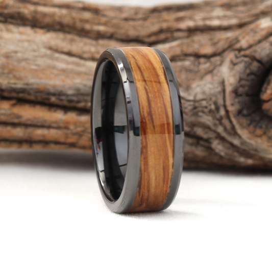 Black Ceramic Ring with Whiskey Barrel Wood Inlay Face Grain