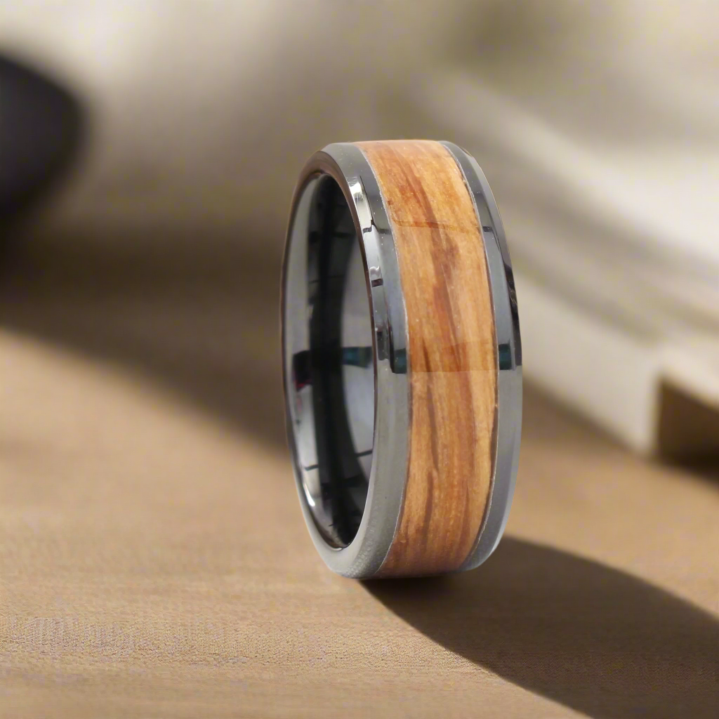 Black Ceramic Ring with Whiskey Barrel Wood Inlay Face Grain