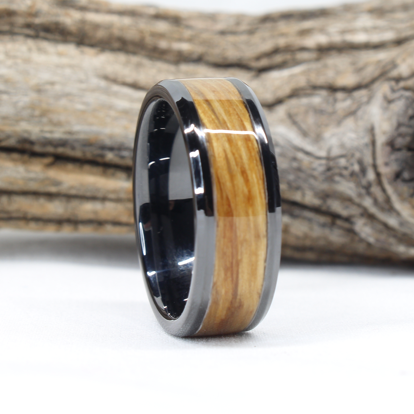 Black Ceramic Ring with Whiskey Barrel Wood Inlay Face Grain