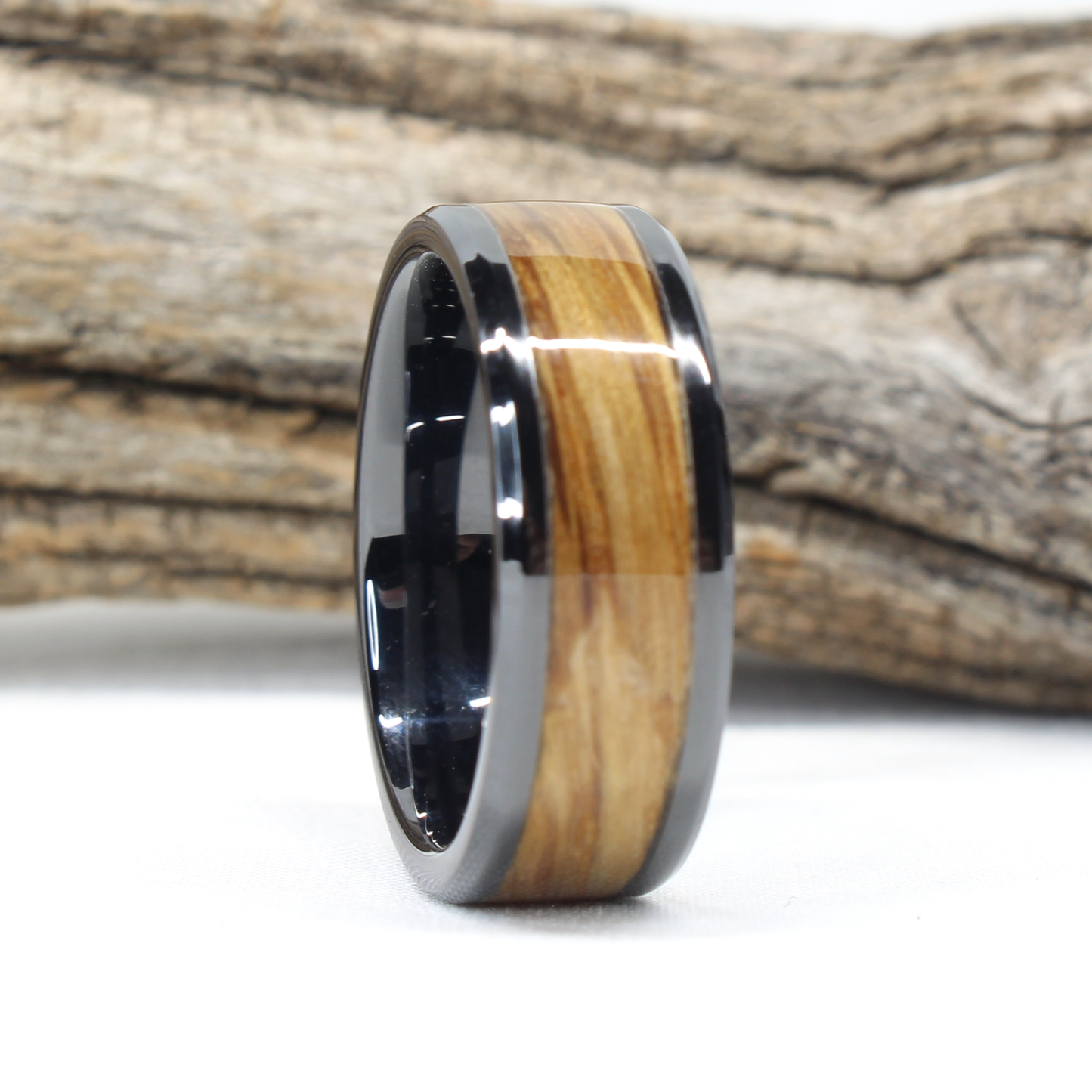 Black Ceramic Ring with Whiskey Barrel Wood Inlay Face Grain