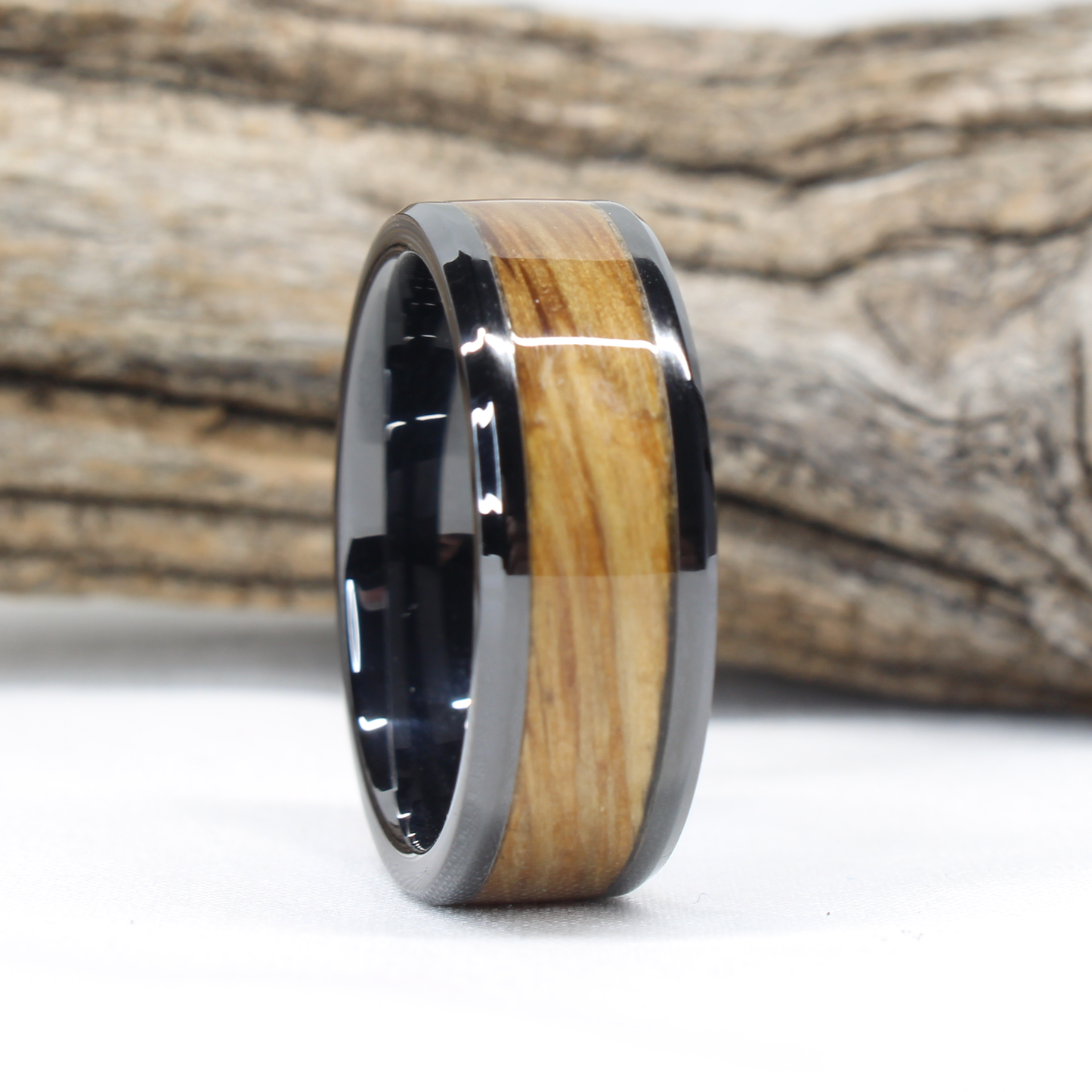 Black Ceramic Ring with Whiskey Barrel Wood Inlay Face Grain
