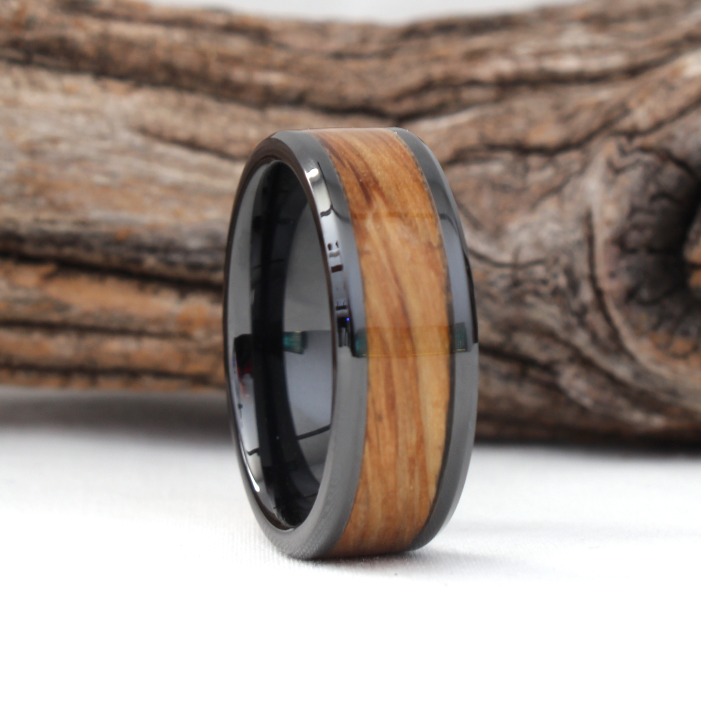 Black Ceramic Ring with Whiskey Barrel Wood Inlay Face Grain