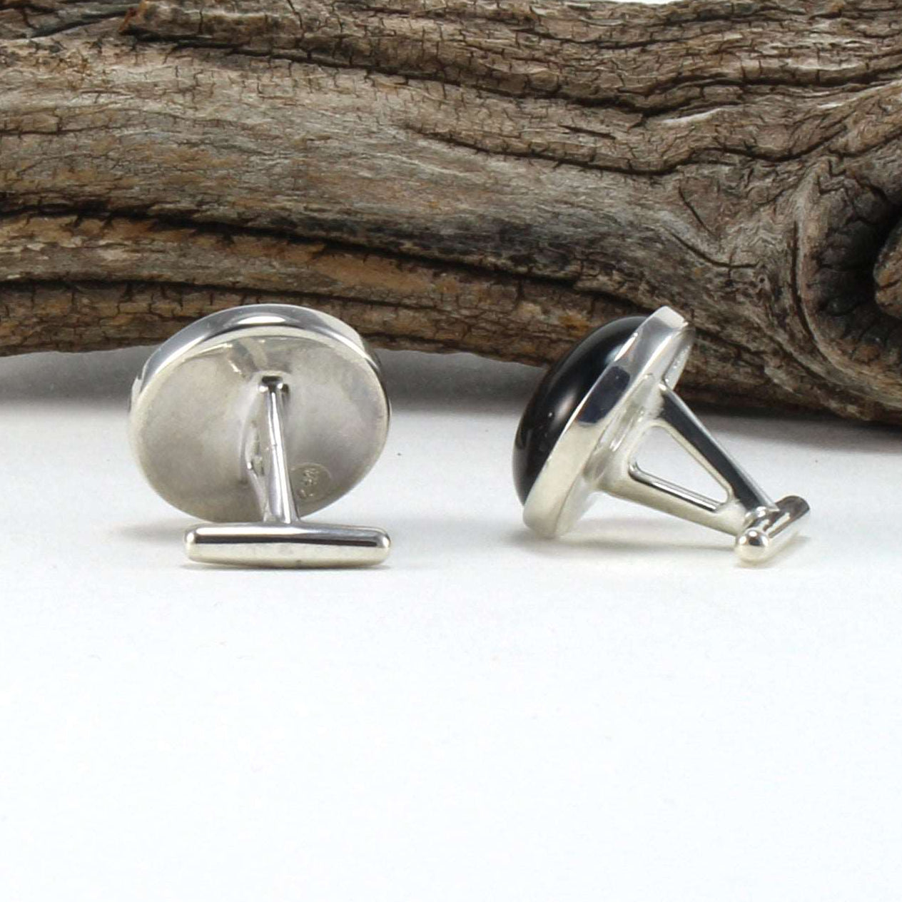 Back and Side of 925 Sterling Silver Cuff Links with Black Onyx