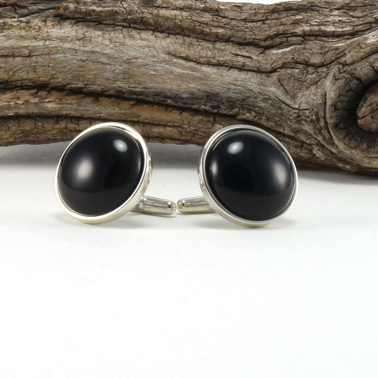 925 Sterling Silver Cuff Links with Black Onyx wood background