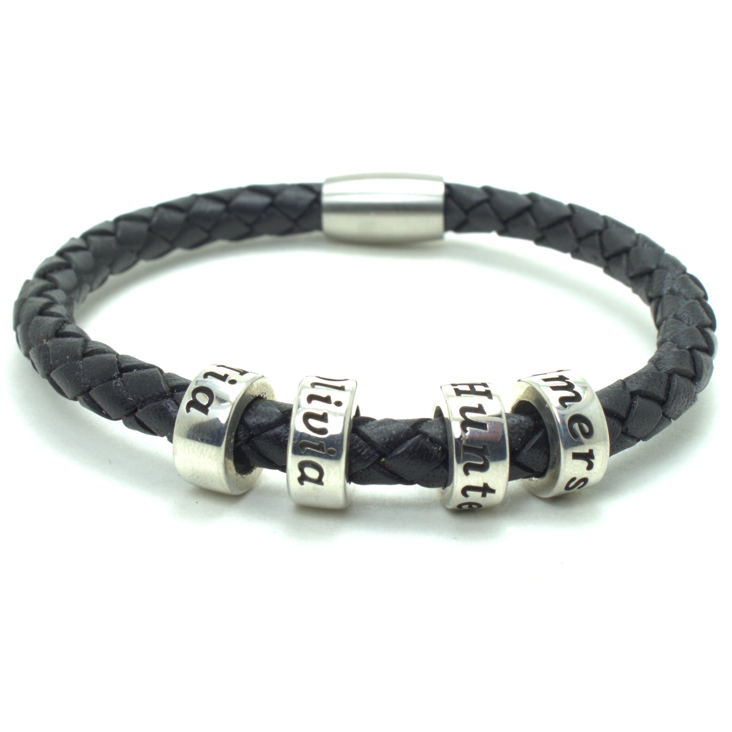 Black leather bracelet with 4 personalized beads, on a white background