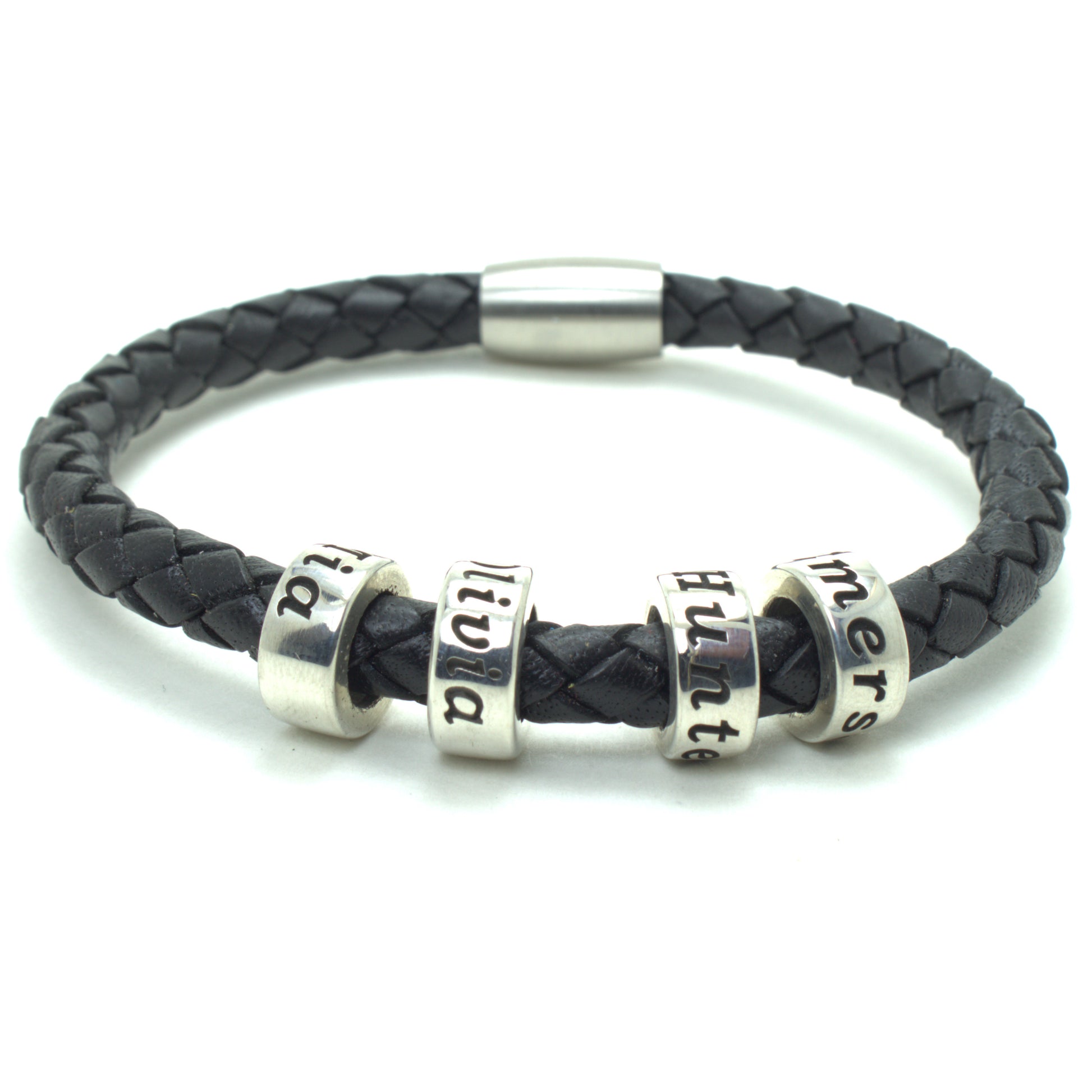 Black leather bracelet with 4 personalized beads, on a white background