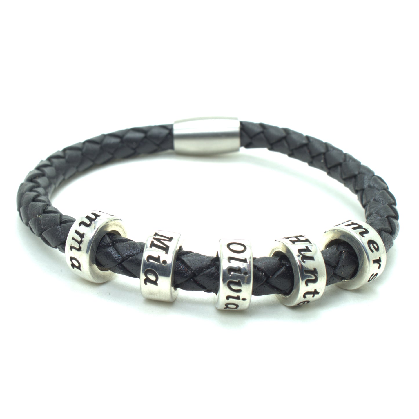 Black leather bracelet with 5 personalized beads with a white background