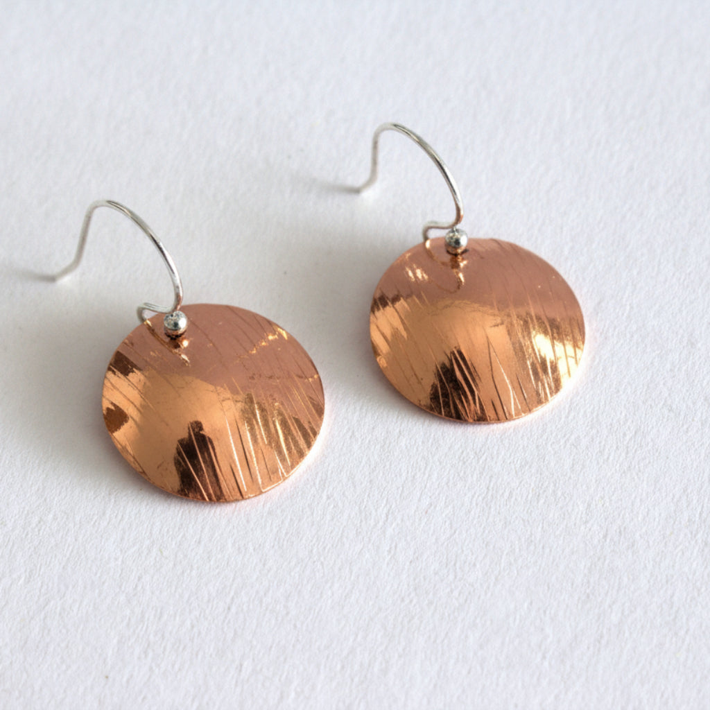 Copper Domed Disc Hammered Textured Earrings  - Handcrafted