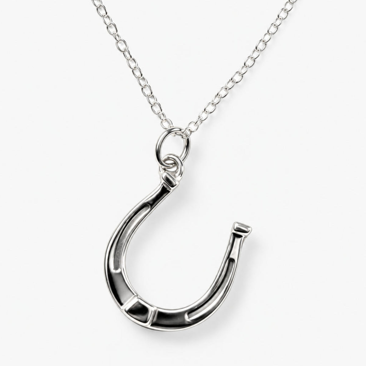 A silver horseshoe-shaped pendant necklace with a small clear gemstone accent at the top, shown on a delicate silver chain against a light blue background.