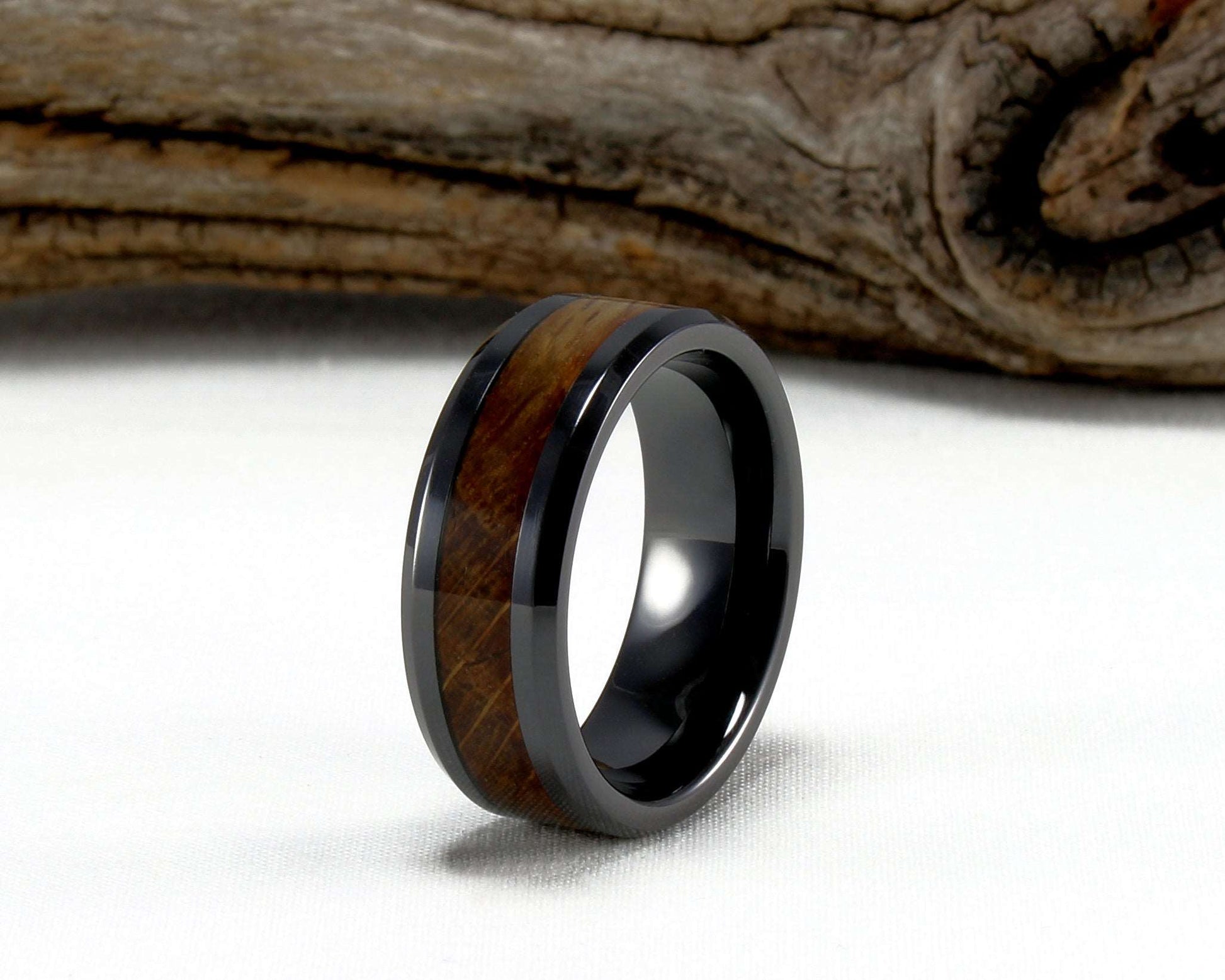 Black Ceramic Ring with Whiskey Barrel Wood Inlay