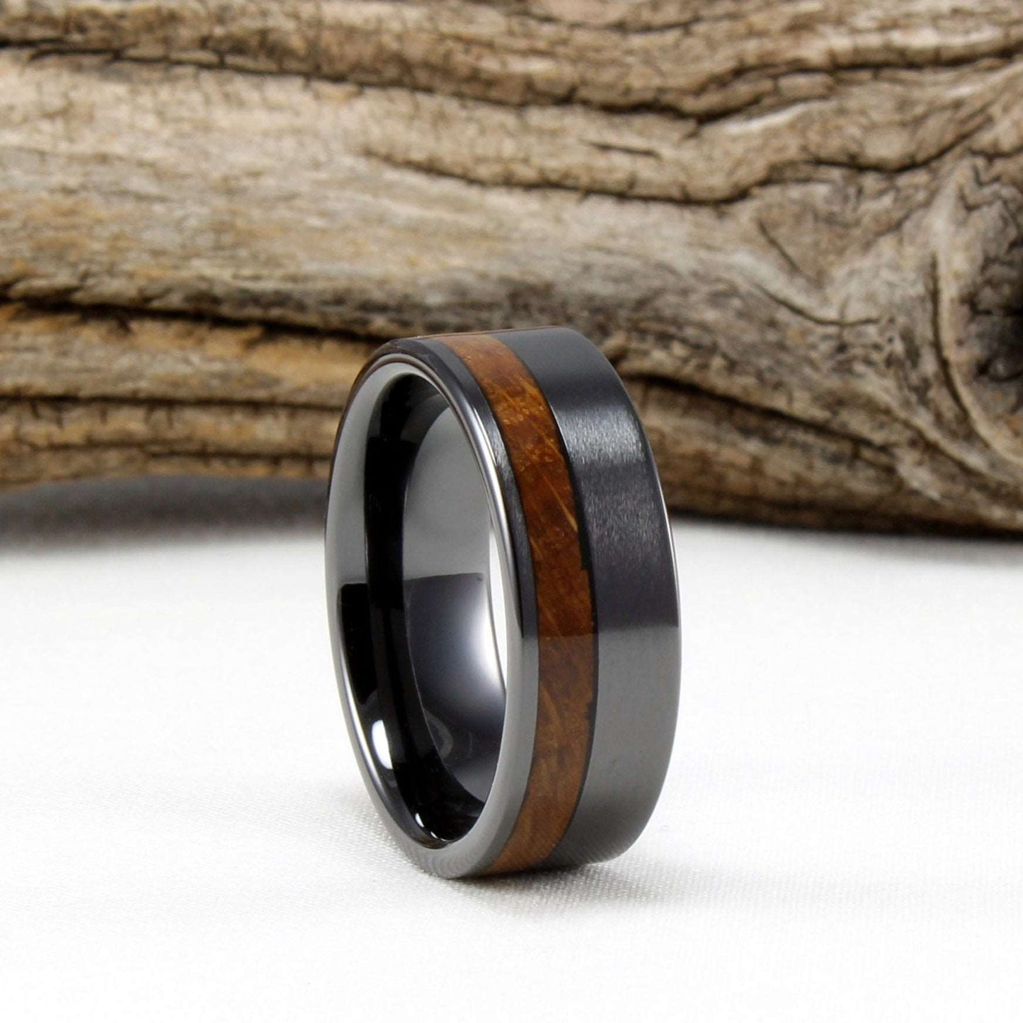 Black Ceramic Offset Ring with Whiskey Barrel Wood Inlay