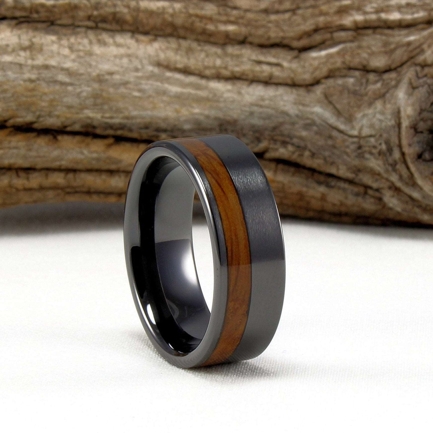 Black Ceramic Offset Ring with Whiskey Barrel Wood Inlay