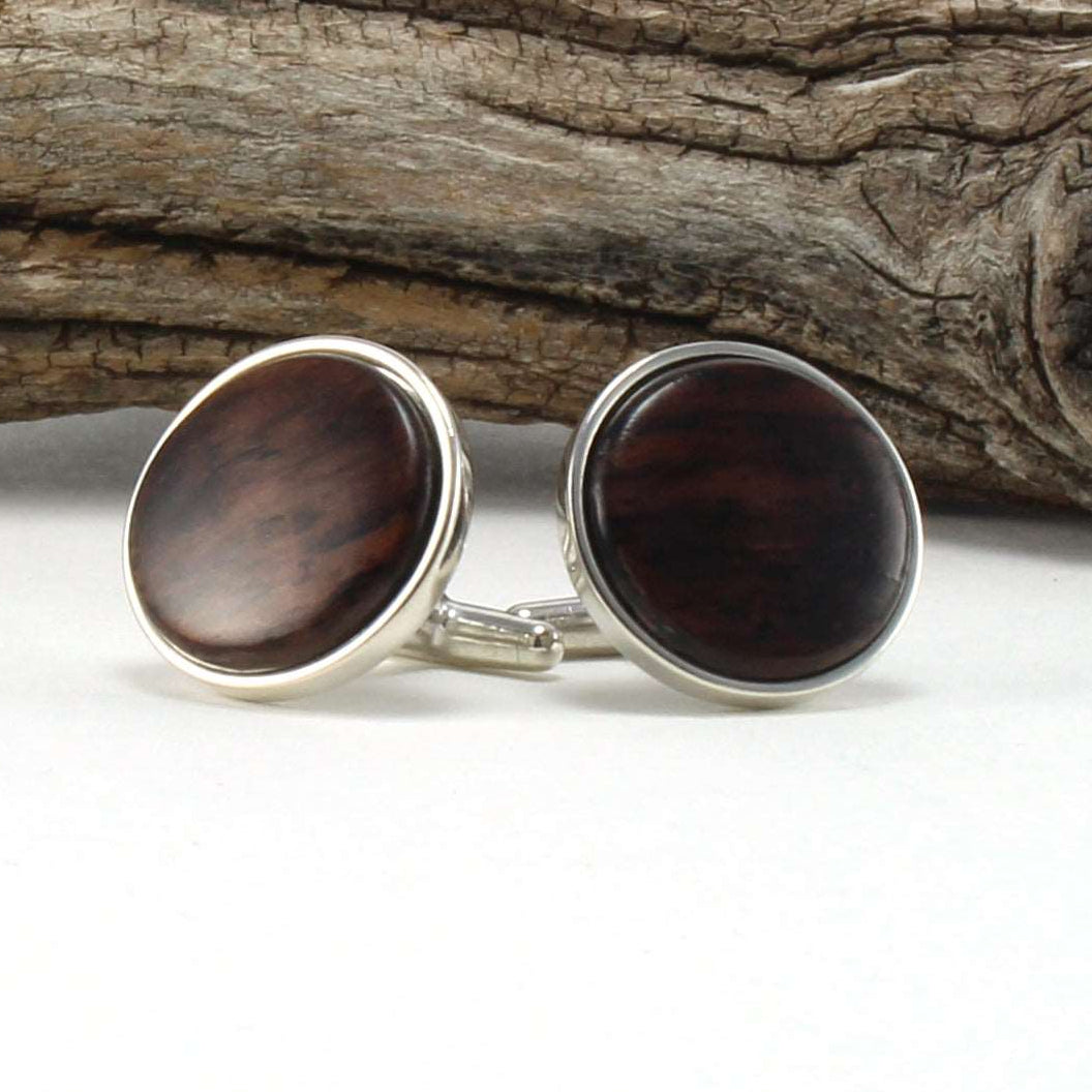925 Sterling Silver Cuff Links with East Indian Rose Wood Inlay Wood Background