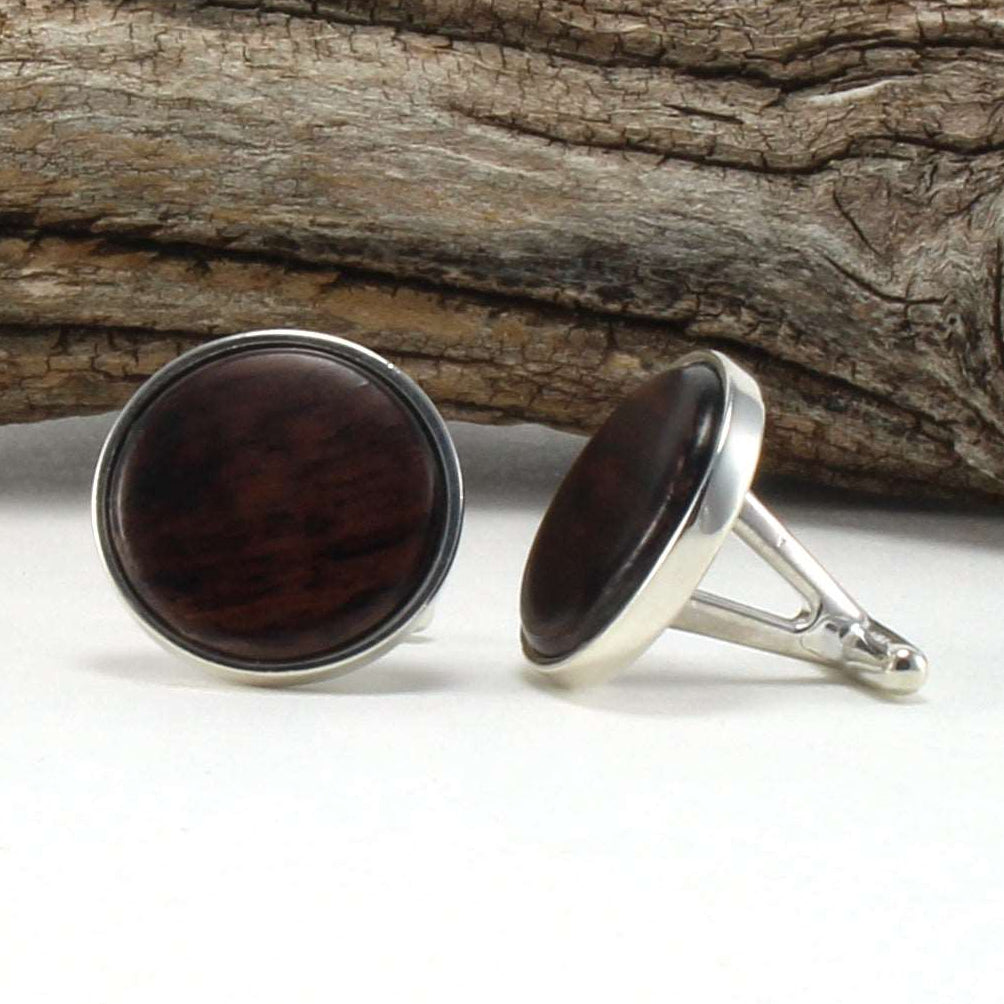 925 Sterling Silver Cuff Links with East Indian Rose Wood Inlay wood background