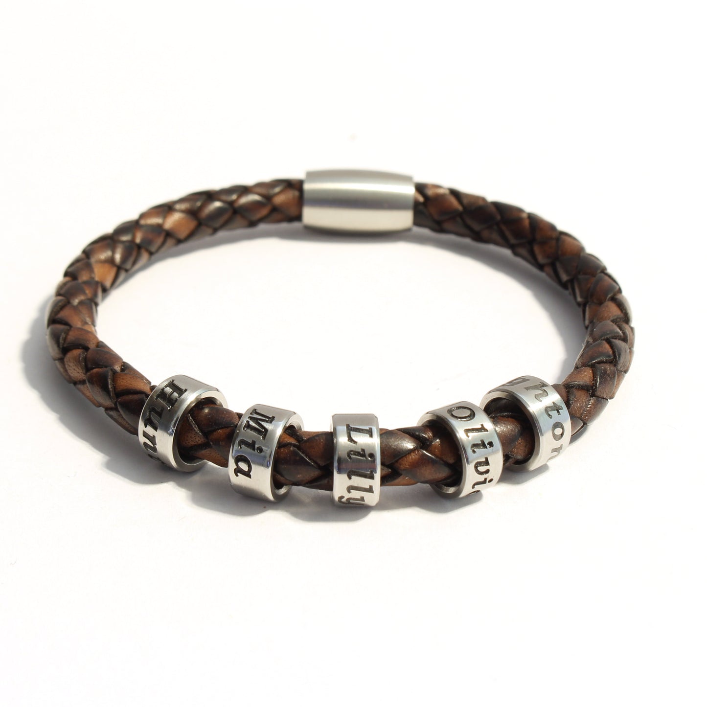 Antique Brown bolo braided leather bracelet with 5 stainless steel beads on a white background
