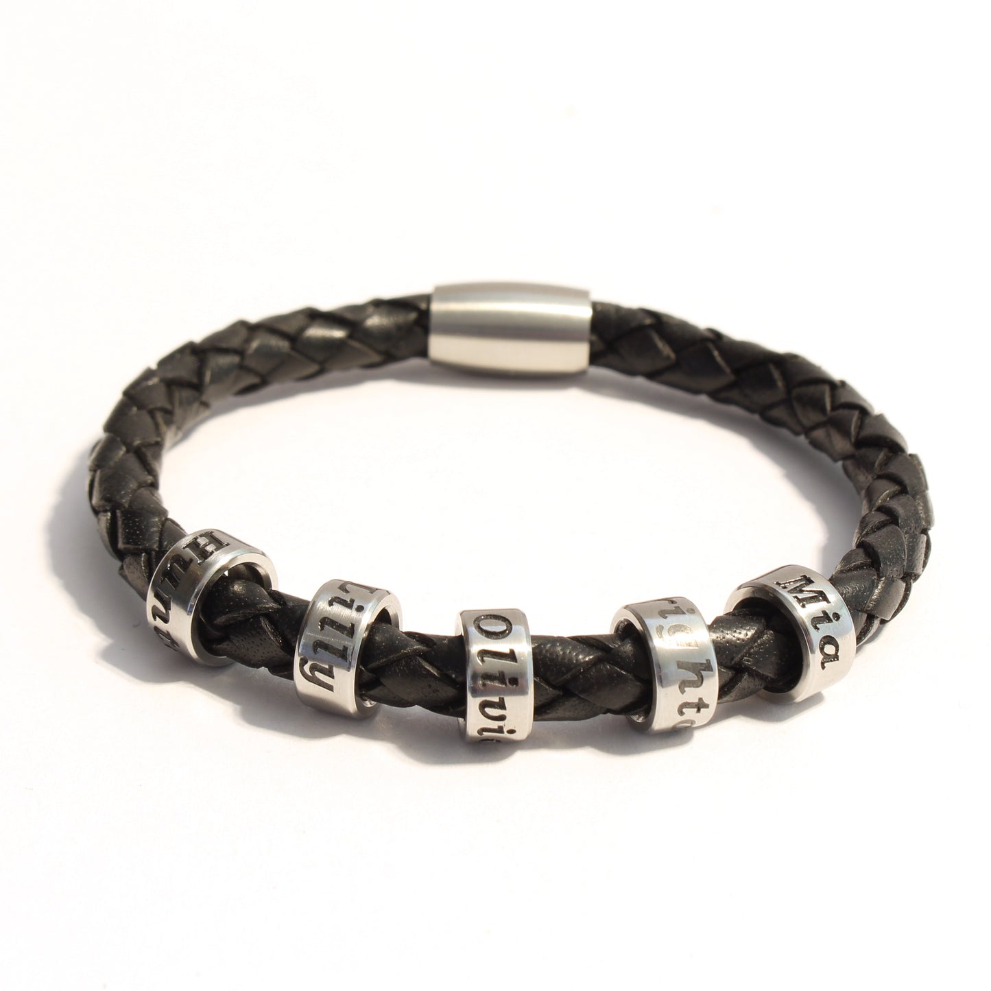 Black braided bolo leather bracelet with 5 stainless steel beads on a white background