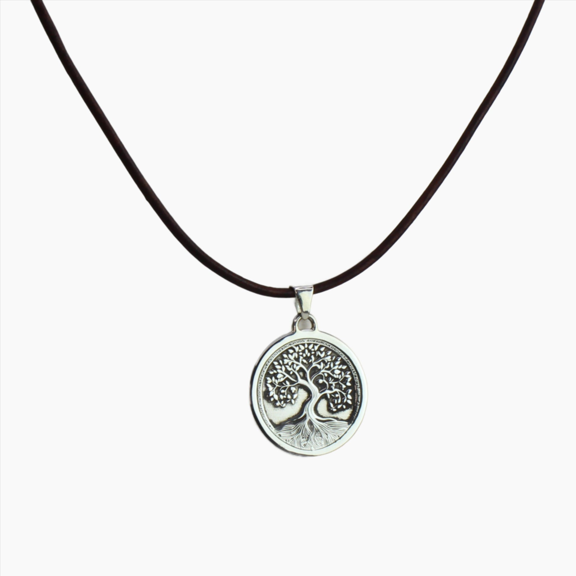Sterling Silver Tree of Life Pendant on a Leather Cord with White Background