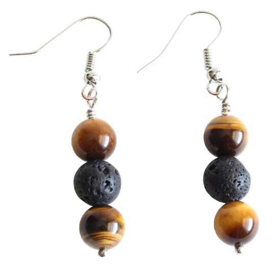 Sterling Silver Lava Rock and Tiger Eye Earrings on White Background