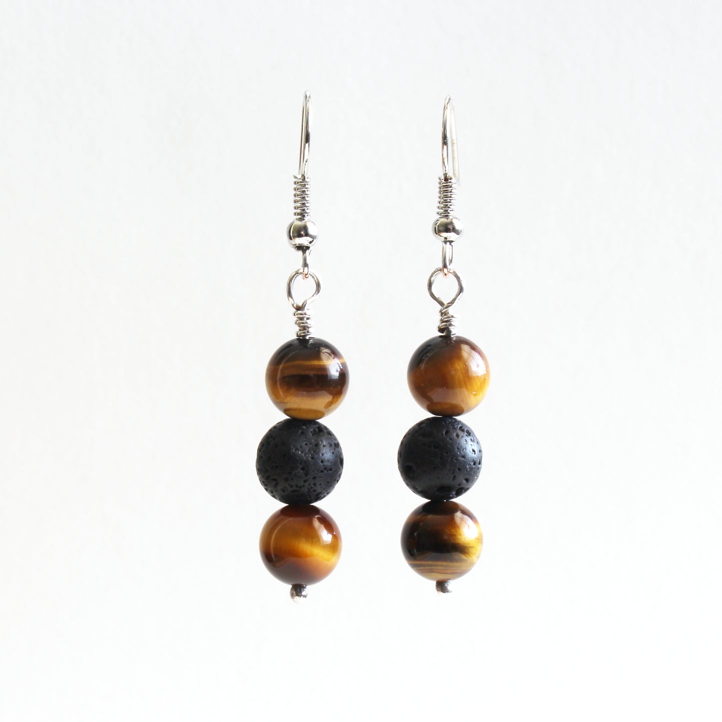 Sterling Silver Lava Rock and Tiger Eye Earrings