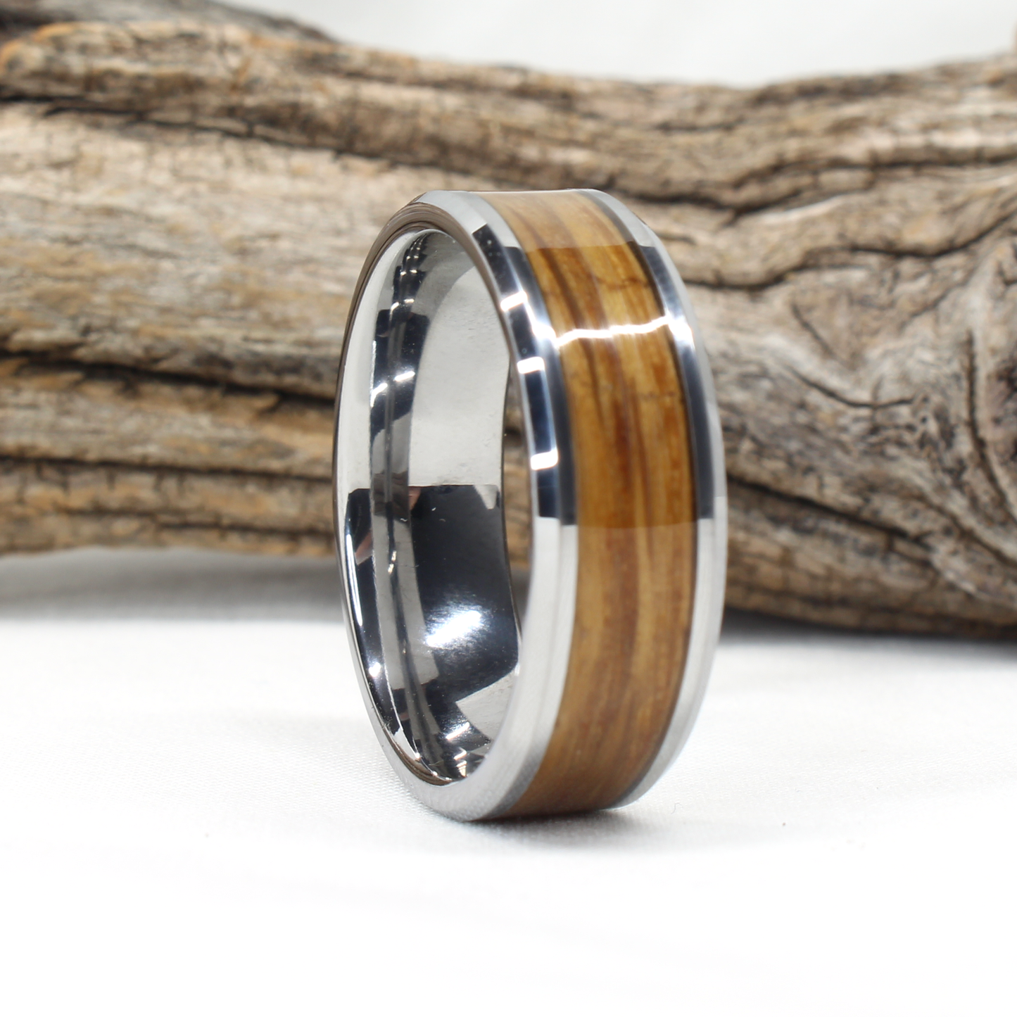 Tungsten Ring with Whiskey Barrel Wood Inlay