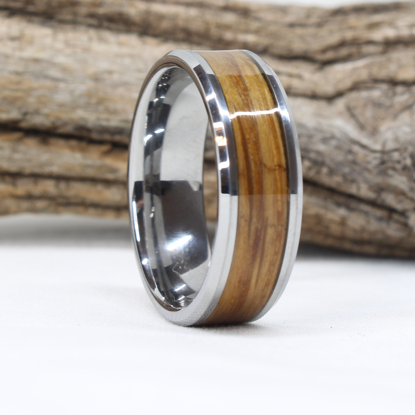 Tungsten Ring with Whiskey Barrel Wood Inlay