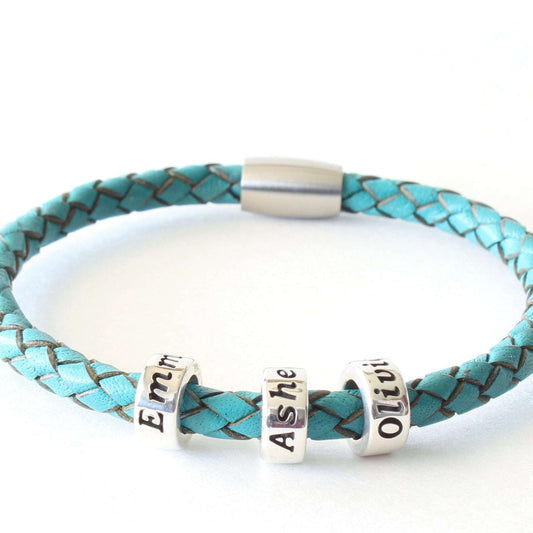 Turquoise Genuine Leather Bracket with 3 Personalized Beads, on white background