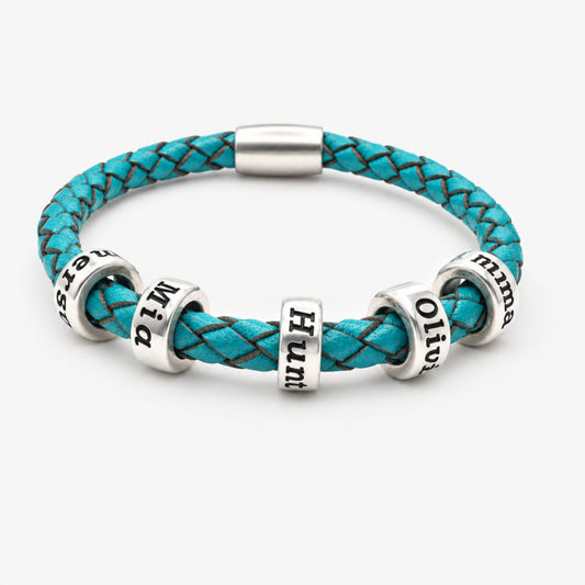 Turquoise Genuine Leather Bracket with 5 Personalized Beads, with a white background.