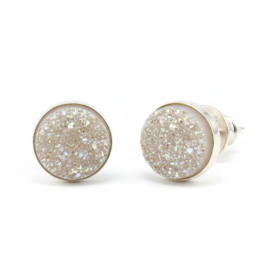 Black druzy round earrings on a white background