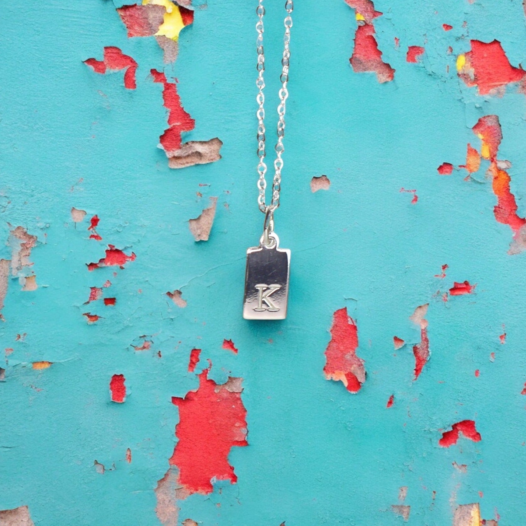 Sterling silver rectangle necklace with stamped initial