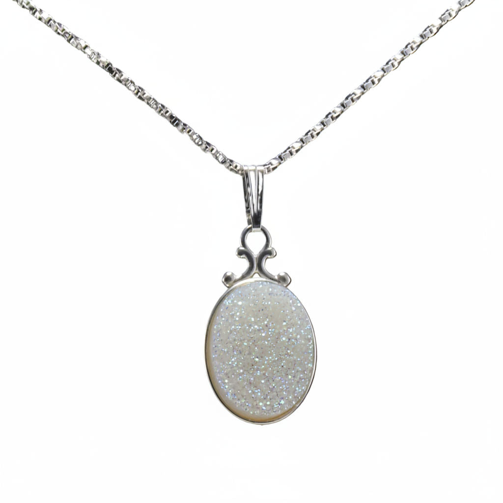 Druzy Necklace White Oval in a Sterling Silver Setting, with a white background