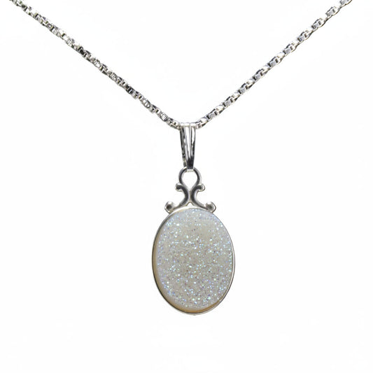 Druzy Necklace White Oval in a Sterling Silver Setting, with a white background