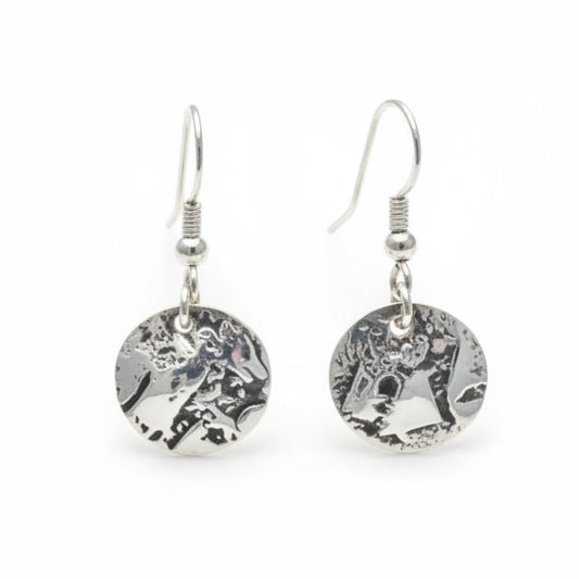 Pair of silver earrings with circular designs and unique texture on a white background