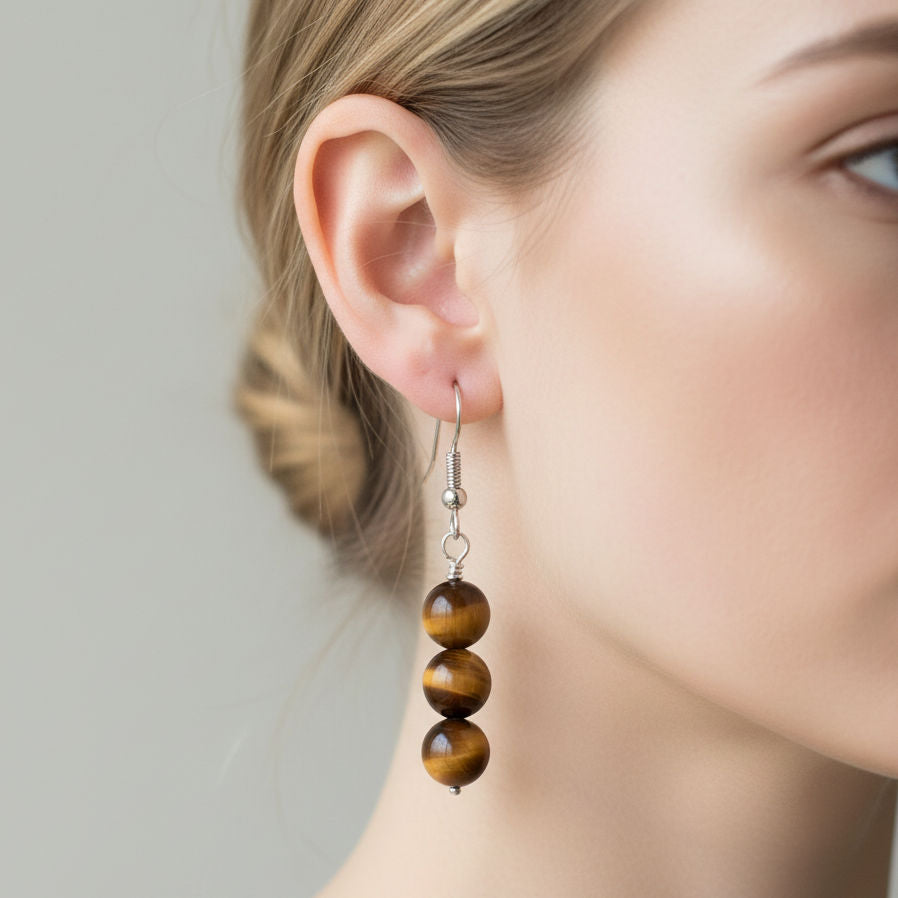 Tiger Eye Earrings 3 Beads on Model