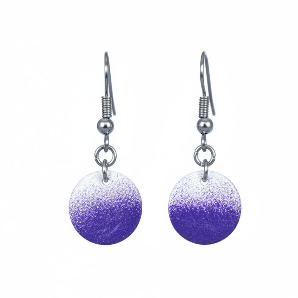 Purple and white gradient earrings on a white background
