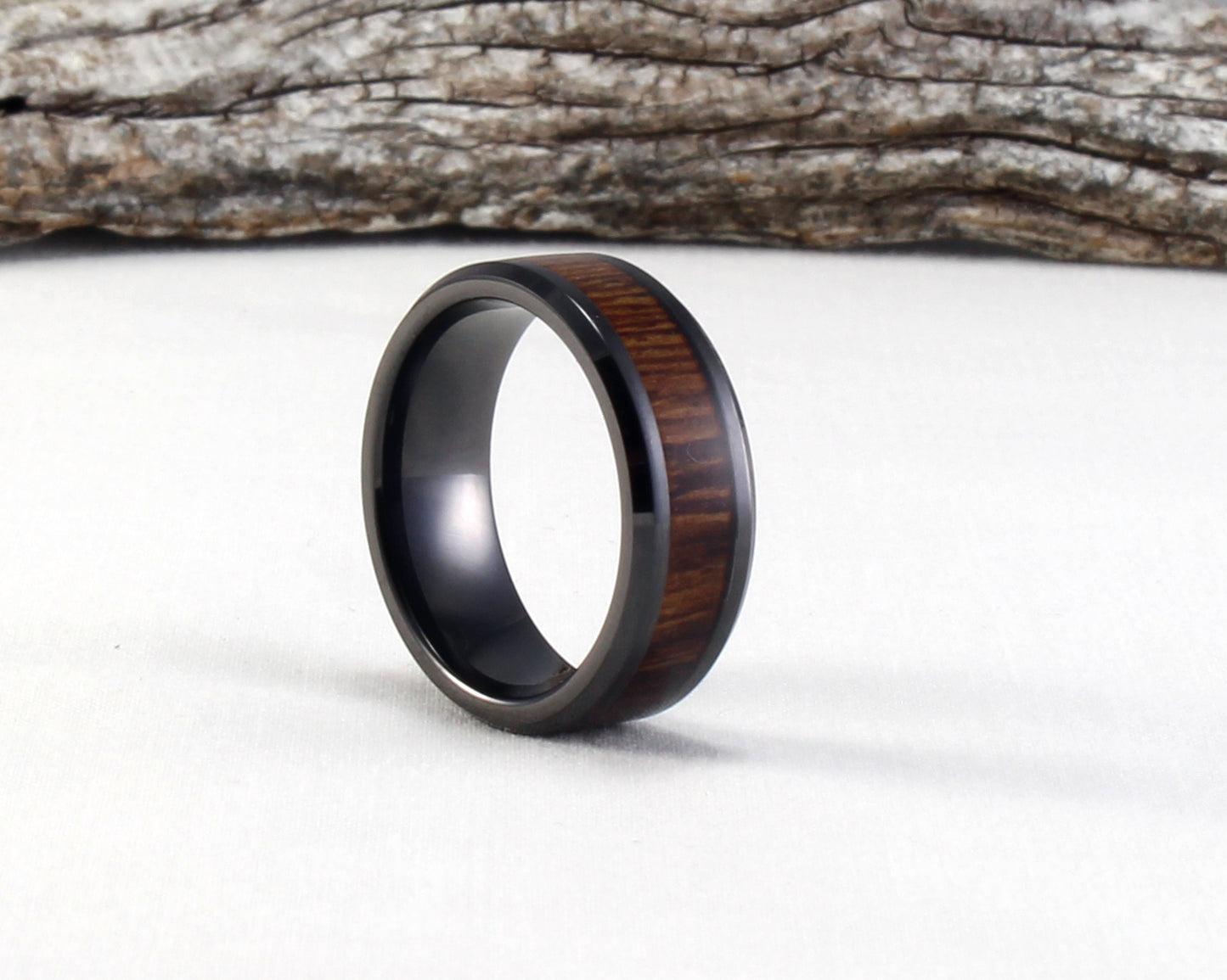 Black Ceramic Ring with Rosewood Inlay