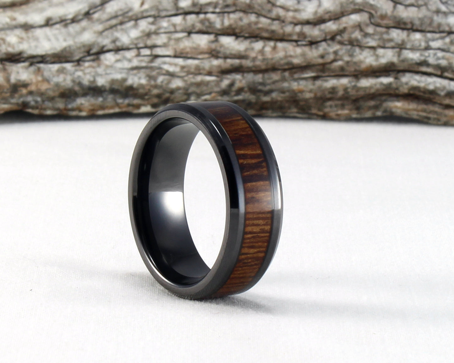 Black Ceramic Ring with Rosewood Inlay