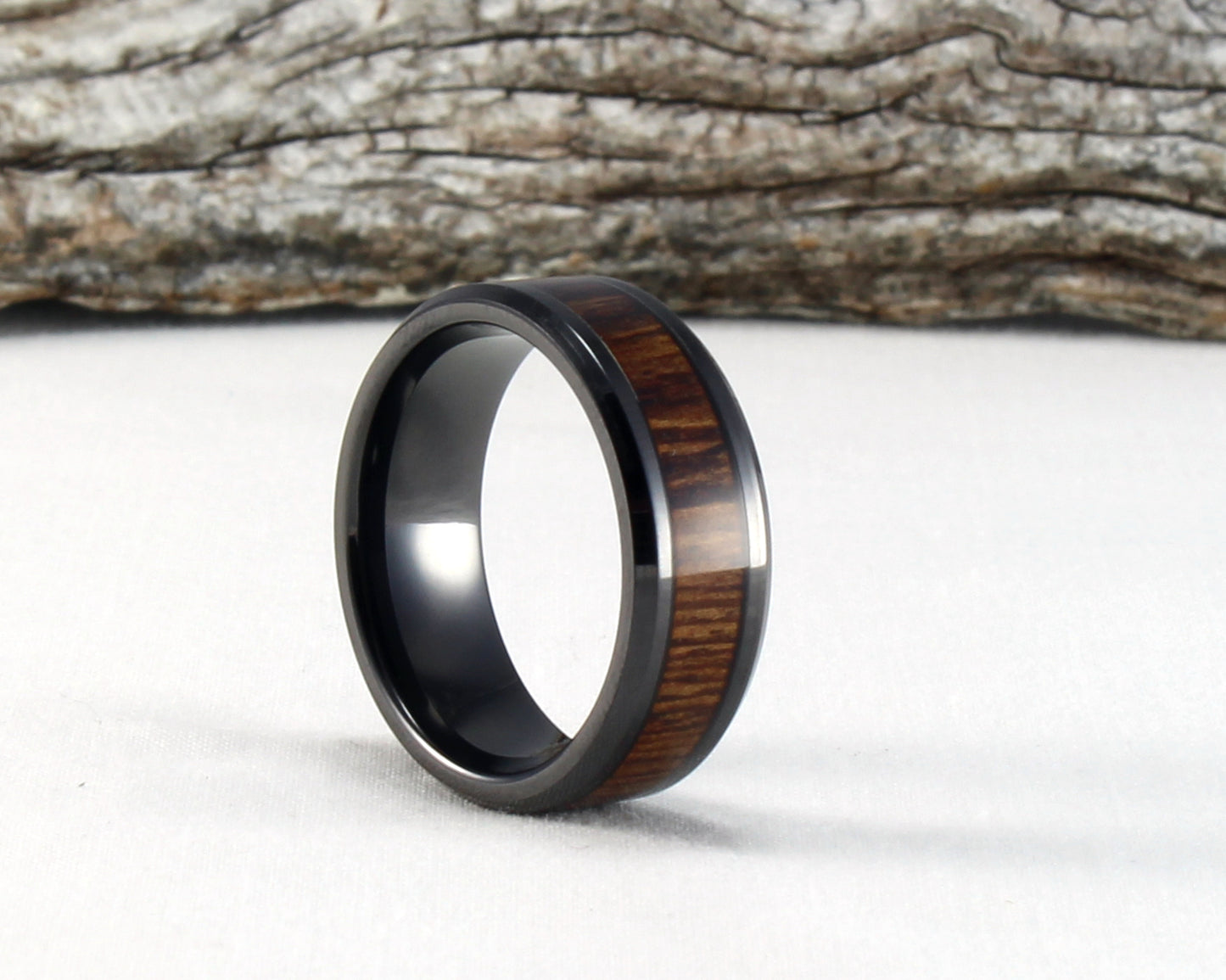 Black Ceramic Ring with Rosewood Inlay