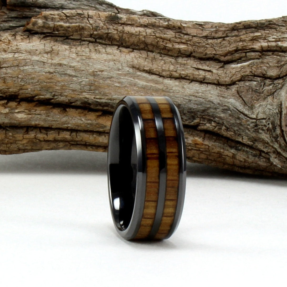 Black Ceramic Double Channel Ring with Whiskey Barrel Wood