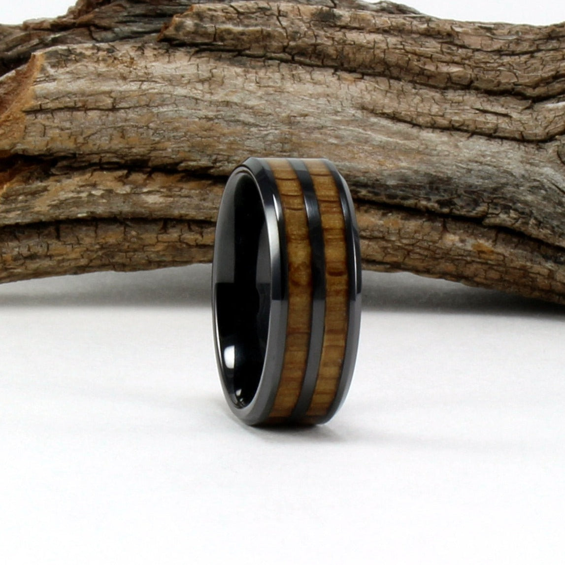 Black Ceramic Double Channel Ring with Whiskey Barrel Wood